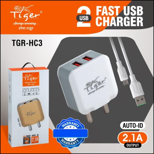 Tiger 2 Port 10W Fast Charger with Charging Cable (HC3)