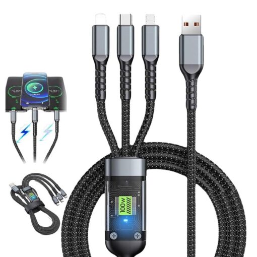 100w Display 3in1 Fast Charging Cable (Type-C+Micro USB+IP Cable)