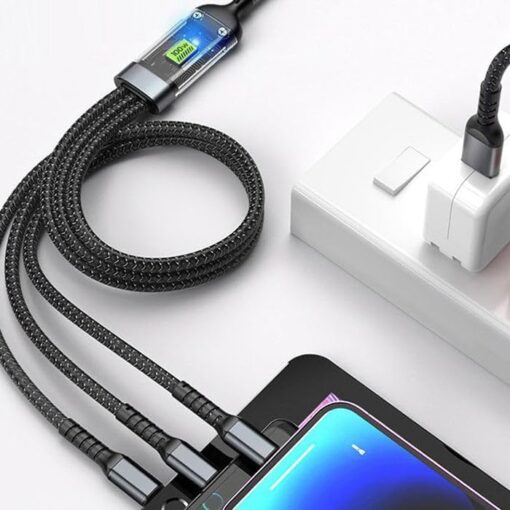 100w Display 3in1 Fast Charging Cable (Type-C+Micro USB+IP Cable) - Image 2