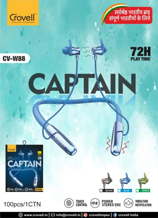 Warranty Touch Control Bluetooth Neckband Crovell Captain | ENC & Vibration | 72 Hours Playtime