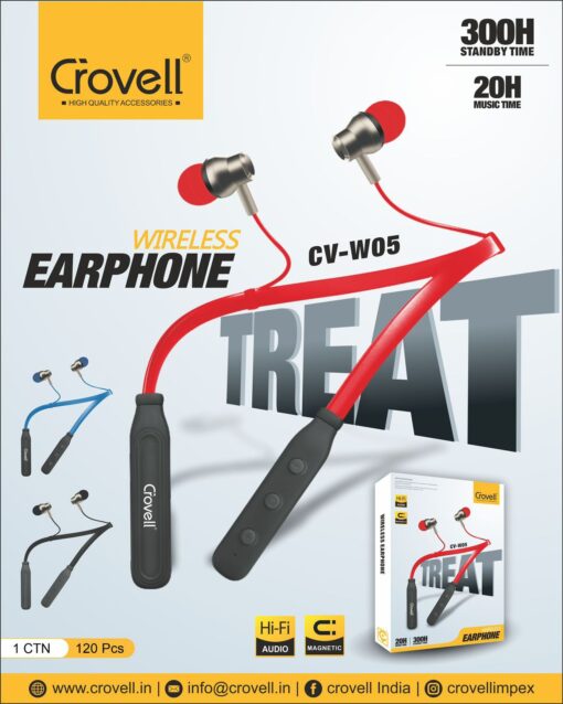 Crovell cv05 Bluetooth Neckband with 20 Hours Playtime | Type-C Charging