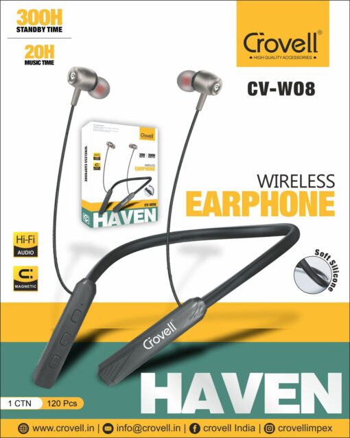 Crovell cv08 Flexible Bluetooth Neckband with 20 Hours Playtime | Type-C Charging