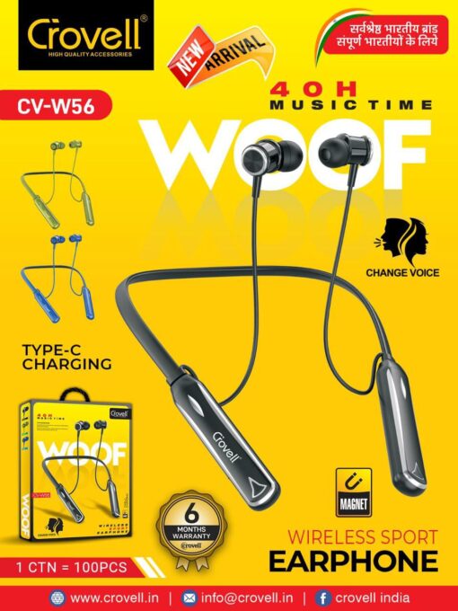 Warranty Voice Changing Bluetooth Neckband Crovell Woof | Type-C | 40 Hours Playtime