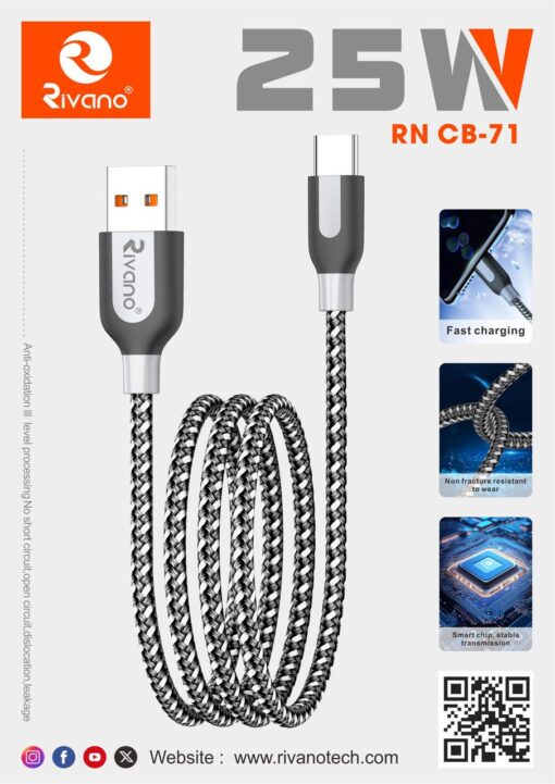 Rivano 25w Unbreakable Fast Charging Cable for Type-C & Micro USB
