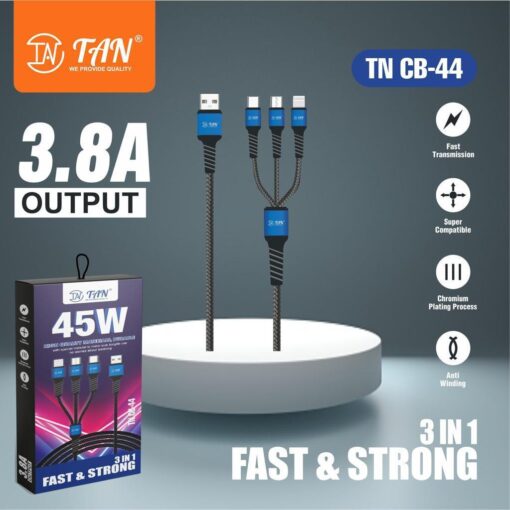 TAN 45w 3in1 Fast Charging Cable (Type-C+Micro USB+IP Cable)