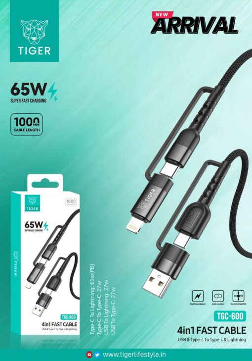 Branded 65w 4in1 Unbreakable Fast Charging Cable | Tiger (C to C + USB to C, Type-C+IP Cable)