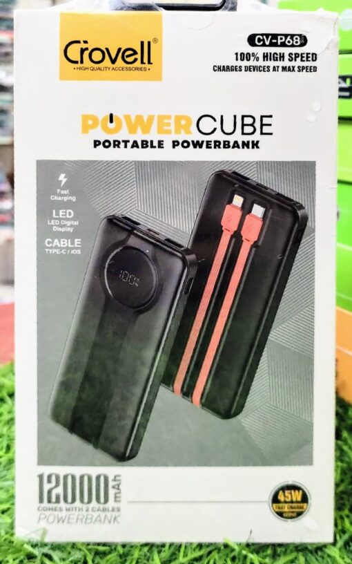 Crovell 45w 2in1 Inbuilt Cable 12000mah Fast Charging Power Bank | 6 Months Warranty