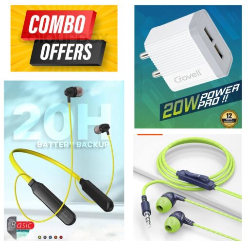 XcelMART Combo 2 (Bluetooth Neckband + 20W 2 Port Charger + Wired Headset)
